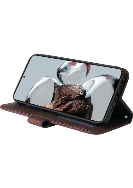 Xiaomi 12T 5g/redmi K50 Ultra 5G/12T Pro 5g Ağaç Desen Metal Düğmesi Telefon Kapak Çizgileri Baskılı Cilt Doku Deri Deri Cüzdan Stand Kılıfı Kayış-Brown (Yurt Dışından) modelleri