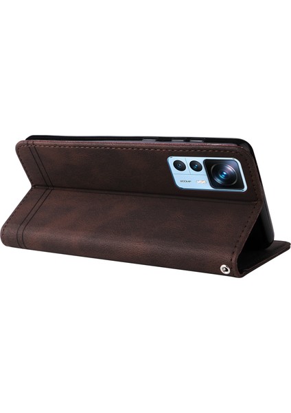 Xiaomi 12T 5g/redmi K50 Ultra 5G/12T Pro 5g Ağaç Desen Metal Düğmesi Telefon Kapak Çizgileri Baskılı Cilt Doku Deri Deri Cüzdan Stand Kılıfı Kayış-Brown (Yurt Dışından) fırsatları