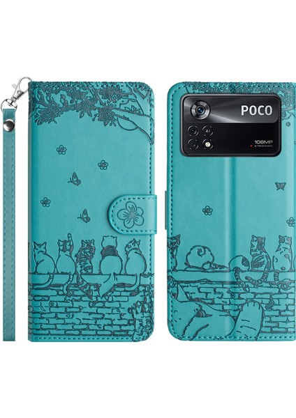Xiaomi Için Poco X4 Pro 5g Pu Deri Telefon Kılıfı Duvar Kedileri Baskılı Stand Cüzdan Telefon Kapağı Strap-Mavi ile (Yurt Dışından)