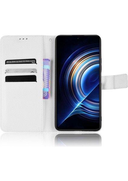 Xiaomi Için Poco F4 5g/redmi K40S 5g Pu Deri Manyetik Kılıf Cüzdan Kılıfı Elmas Doku Stand Koruyucu Kapak Strap-White (Yurt Dışından)