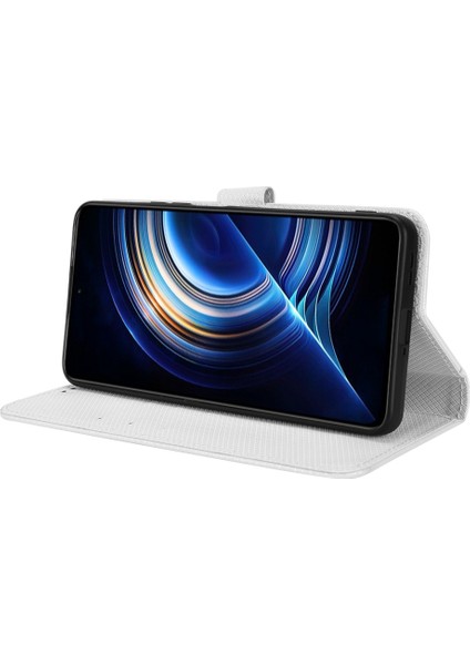 Xiaomi Için Poco F4 5g/redmi K40S 5g Pu Deri Manyetik Kılıf Cüzdan Kılıfı Elmas Doku Stand Koruyucu Kapak Strap-White (Yurt Dışından)