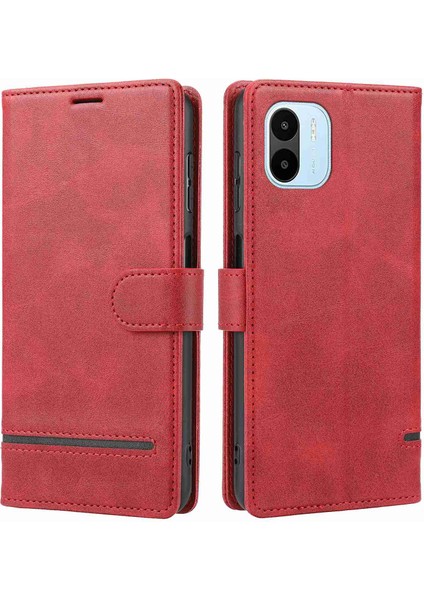Xiaomi Redmi A1 4g/a2 4g Yatay Hat Pu Deri Kılıf Stand Fonksiyon Manyetik Kapatma Cüzdan Telefon Kapak-Kırmızı (Yurt Dışından)