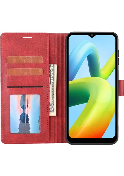 Xiaomi Redmi A1 4g/a2 4g Yatay Hat Pu Deri Kılıf Stand Fonksiyon Manyetik Kapatma Cüzdan Telefon Kapak-Kırmızı (Yurt Dışından)