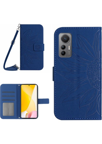 Xiaomi Için 12 Lite 5g HT04 Anti-Collision Pu Deri Ayçiçeği Baskılı Cüzdan Özelliği Stand Stand Stand Citt-Touch Manyetik Toka Telefon Kapağı Omuz Askısı Sapfirli (Yurt Dışından)