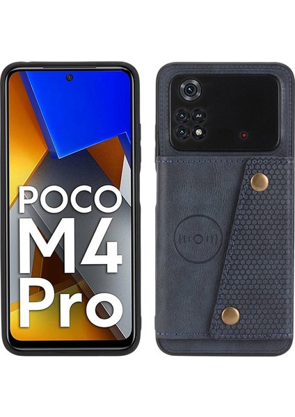 4U Sky Xiaomi Poco M4 Pro 4g Pu Deri Kaplamalı Tpu Çift Katmanlı Koruma Anti-Çizelge Kart Yuvaları Kickstand Tasarım Telefon Kapağı Dahili Metal Sac Mavisi ile (Yurt Dışından)