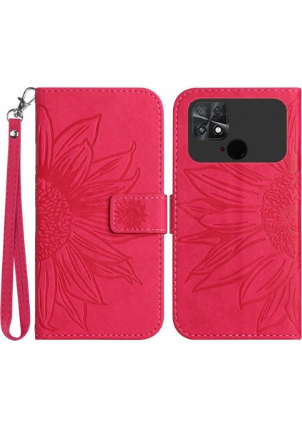 Xiaomi Için Poco C40 4g HT04 Baskılı Ayçiçeği Pu Deri Flip Kılıf Cüzdan Stili Cilt Dokunlu Şok Geçirmez Folio Stand Kapağı, Bilek Kayışı Rose (Yurt Dışından)
