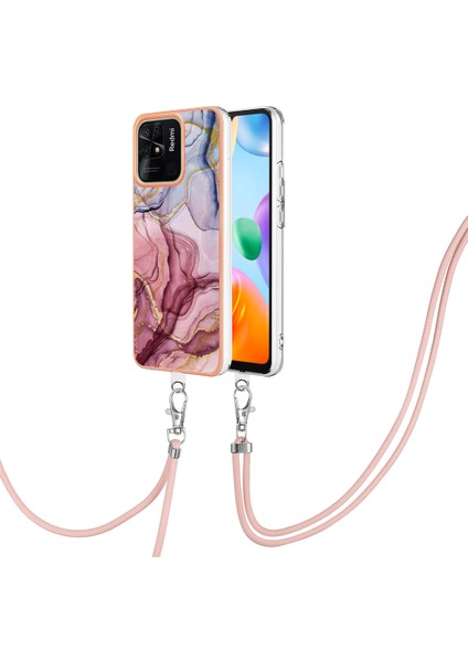 Xiaomi Redmi 10C 4g Mermer Desen Ince Kılıf Elektraplatma 2.0mm Tpu Telefon Kapağı Lanyard-Rose Altın (Yurt Dışından)