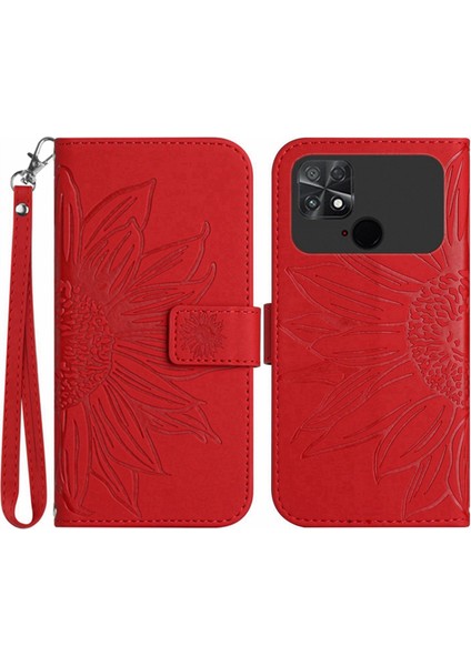 Xiaomi Için Poco C40 4g HT04 Baskılı Ayçiçeği Pu Deri Flip Kılıf Cüzdan Stili Cilt Dokunma Şok Geçirmez Folio Stand Kapağı Bilek Kayış-Kırmızı (Yurt Dışından)