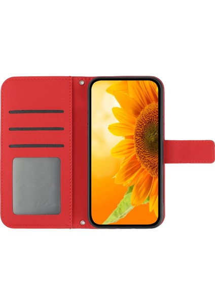 Xiaomi Için Poco C40 4g HT04 Baskılı Ayçiçeği Pu Deri Flip Kılıf Cüzdan Stili Cilt Dokunma Şok Geçirmez Folio Stand Kapağı Bilek Kayış-Kırmızı (Yurt Dışından)