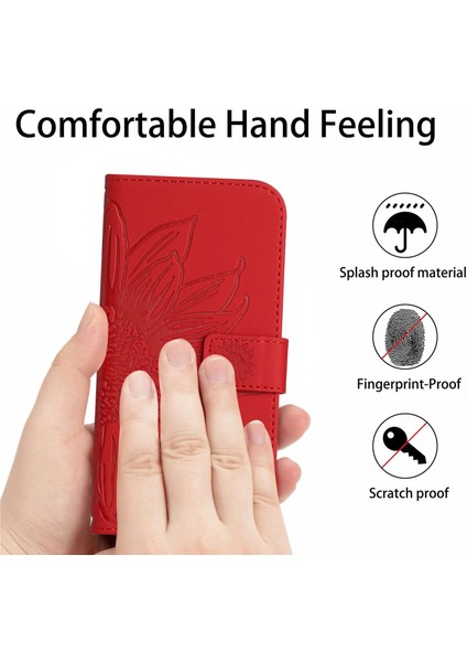 Xiaomi Için Poco C40 4g HT04 Baskılı Ayçiçeği Pu Deri Flip Kılıf Cüzdan Stili Cilt Dokunma Şok Geçirmez Folio Stand Kapağı Bilek Kayış-Kırmızı (Yurt Dışından)