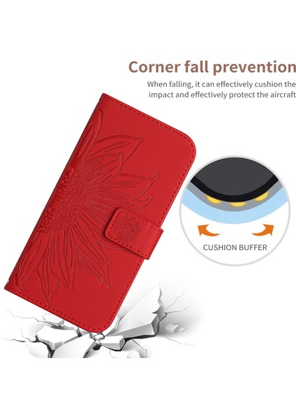 Xiaomi Için Poco C40 4g HT04 Baskılı Ayçiçeği Pu Deri Flip Kılıf Cüzdan Stili Cilt Dokunma Şok Geçirmez Folio Stand Kapağı Bilek Kayış-Kırmızı (Yurt Dışından)