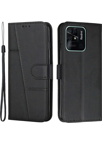 Xiaomi Redmi 10C Için 4g Dikiş Pu Deri Cüzdan Kılıfı Manyetik Kapanma Tam Koruma Kitabı Tasarım Stand Kapağı Strap-Black (Yurt Dışından)
