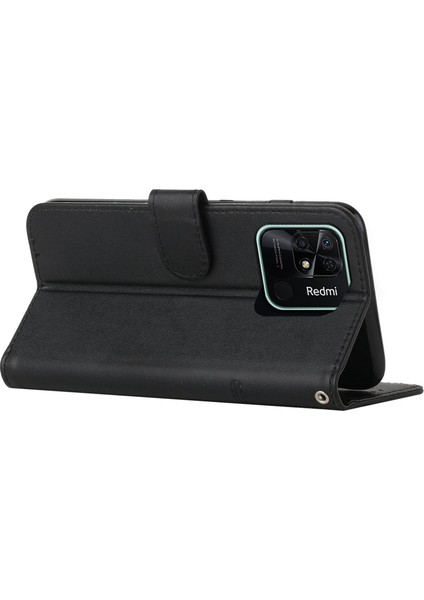 Xiaomi Redmi 10C Için 4g Dikiş Pu Deri Cüzdan Kılıfı Manyetik Kapanma Tam Koruma Kitabı Tasarım Stand Kapağı Strap-Black (Yurt Dışından)