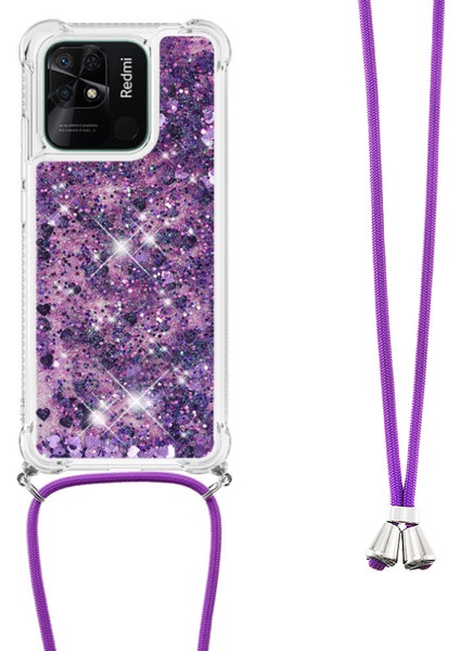 Xiaomi Redmi Için Yb Quicksand 10C Sıvı Glitter Kasa Quicksands Şelale Akan Işıltı Hareketli Hareketli Tpu Koruyucu Kapak, Kordonlu Mor/kalplerle (Yurt Dışından)