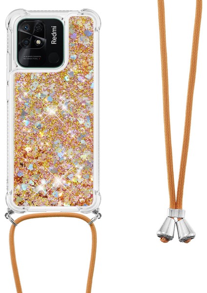 Xiaomi Redmi Için Yb Quicksand 10C Sıvı Glitter Kasa Quicksands Şelale Akan Işıltı Hareketli Tpu Koruyucu Kapak, Kordon-Altın/kalplerle (Yurt Dışından)