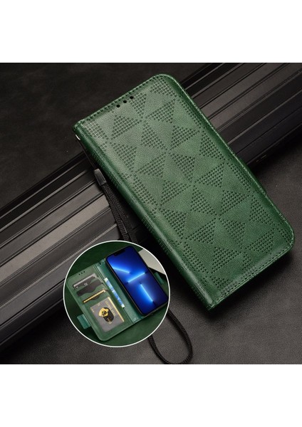 Xiaomi Redmi Için 11 Prime 4g Baskılı Üçgen Desen Pu Deri Stand Kılıfı Tam Koruma Telefon Cüzdan El El Strap-Yeşili (Yurt Dışından) fiyatları