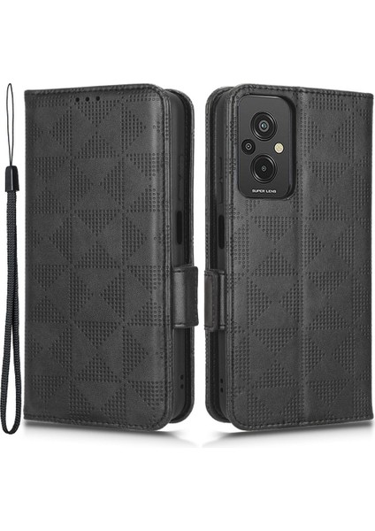 Xiaomi Redmi Için 11 Prime 4g Baskılı Üçgen Desen Pu Deri Stand Kılıfı Tam Koruma Telefon Cüzdan El Strap-Black ile (Yurt Dışından)