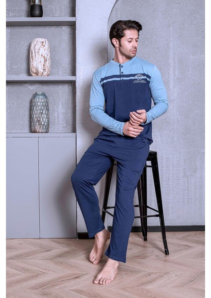 Erkek Pijama Takımı Uzun Kol Süprem Önü Parçalı Pamuklu Mevsimlik M58052263