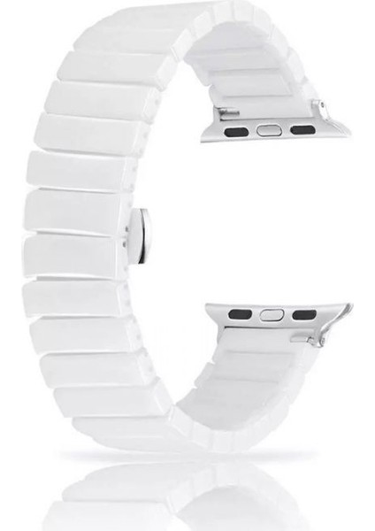 Casestreet Apple Watch 9 45MM Kordon Parlak Seramik Kaplama Yatay Görünüm Yandan Çıtçıt Zr Beyaz