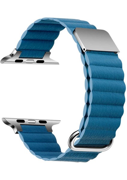 Apple Watch Ultra 2 Kordon Strap Metal Toka Pu Deri KRD78 Mavi