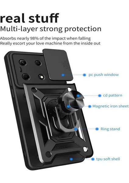 Infinix Note 30I Kılıf Sert Silikon Tank Aramid Sürgülü Vega Yüzüklü Siyah