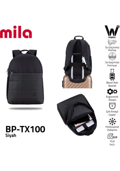 Classone Mila BP-TX100 Serisi 15,6 Inch , Su Geçirmez Kumaş ve Su Geçirmez Fermuar Notebook, Laptop , Macbook  Sırt Çantası -Siyah