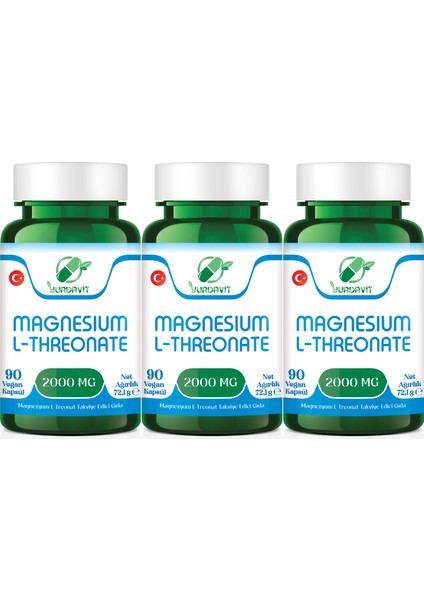 Magnesium L-Threonate 2000 mg 3 x 90 Vegan Kapsül Magnezyum 159 mg Magnezyum L-Treonat