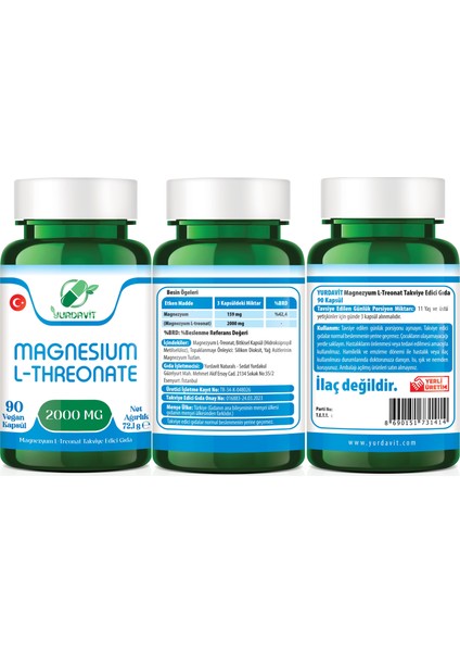 Magnesium L-Threonate 2000 mg 3 x 90 Vegan Kapsül Magnezyum 159 mg Magnezyum L-Treonat