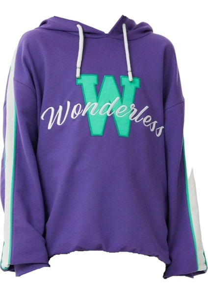 Kız Çocuk Wonderless Yazı Desenli Kolları Şeritli Kapüşonlu Mor Renk Sweatshirt