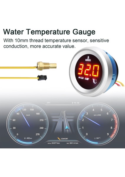 52MM Su Sıcaklık Göstergesi Araba Dijital Metre LED Ekran 9-36V Sıcaklık Sensörü Alarm Fonksiyonu ile (Yurt Dışından) indirimleri