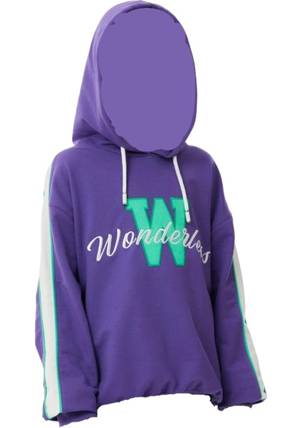Kız Çocuk Wonderless Yazı Desenli Kolları Şeritli Kapüşonlu Mor Renk Sweatshirt modelleri