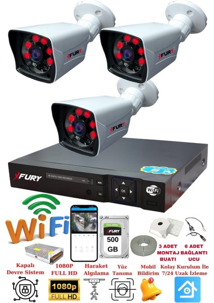 3 Kameralı 5mp Lensli 1080P 2mp Görüntü 6 Atom Gece Görüşlü FullHd Güvenlik Kamerası 5525A 500GB