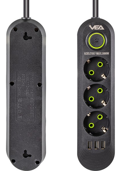 Vea VA-21557 Akım Korumalı Priz 3'lü USB Li 1.5 Metre Uzatma Kablosu Anahtarlı 3-16 Amper