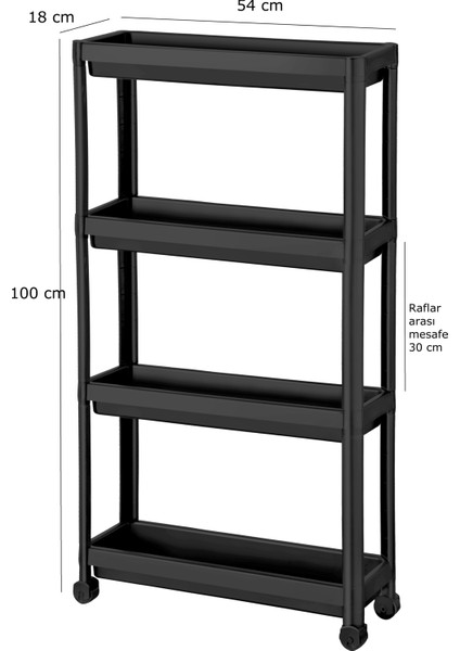 Tekerlekli Raf Ünitesi 4 Katlı Banyo Rafı Mutfak Rafı Servis Sehpası Çok Amaçlı Organizer