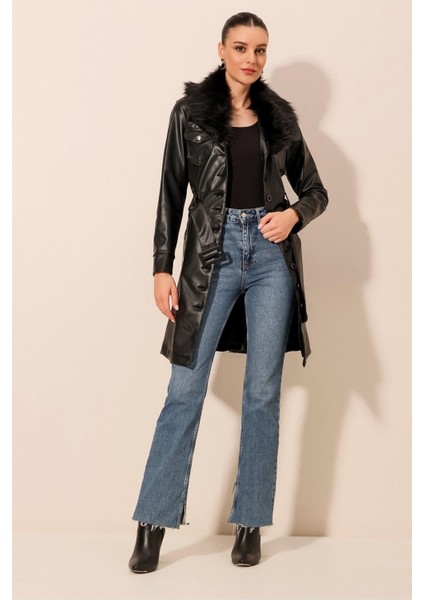 Kadın Suni Deri Mont Kemerli ve Kürklü Detaylı Midi Model Siyah fiyatları