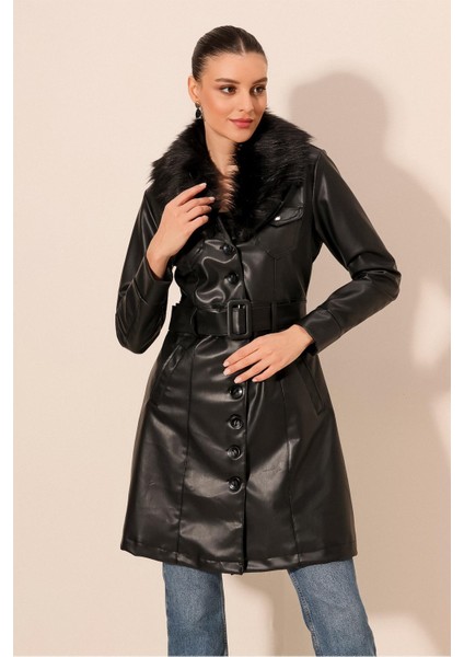 Kadın Suni Deri Mont Kemerli ve Kürklü Detaylı Midi Model Siyah fırsatları