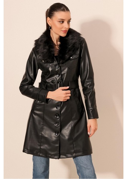 Kadın Suni Deri Mont Kemerli ve Kürklü Detaylı Midi Model Siyah indirimleri