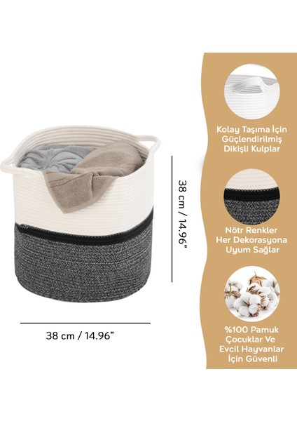 Hasır Dokuma Çamaşır Sepeti - Banyo Pamuk Halat Saklama Sepeti 38 cm modelleri