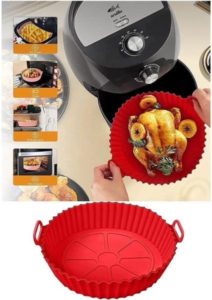 Holly Home 3 Parça Silikon Airfryer Kırmızı Pişirme Kabı Yonca, Muffin, Iki Bölmeli Fırın, Hava Fritözü Hh