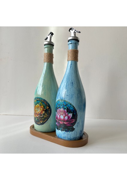 Özel Tasarım Desenli Sunum Stantlı 2'li 750 ml Zeytinyağı Sıvıyağ Şişesi Yağdanlık Yağlık modelleri