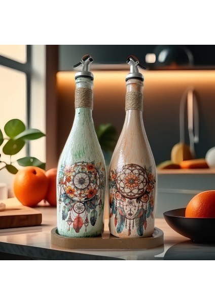 Özel Tasarım Düşkapanı Desenli Sunum Stantlı 2'li 750 ml Zeytinyağı Sıvıyağ Şişesi Yağdanlık Yağlık