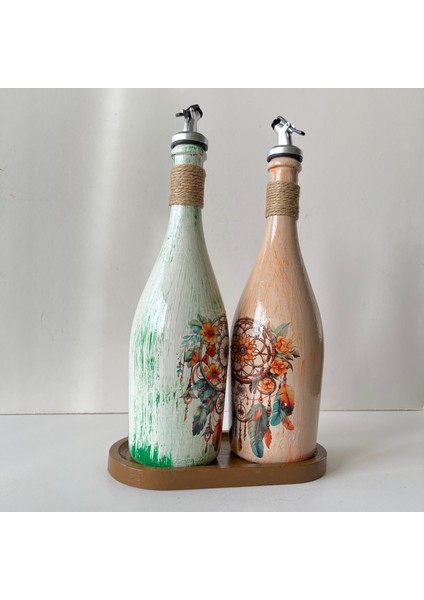 Özel Tasarım Düşkapanı Desenli Sunum Stantlı 2'li 750 ml Zeytinyağı Sıvıyağ Şişesi Yağdanlık Yağlık