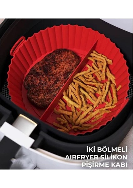 Holly Home 3 Parça Silikon Airfryer Kırmızı Pişirme Kabı Yonca, Muffin, Iki Bölmeli Fırın, Hava Fritözü Hh