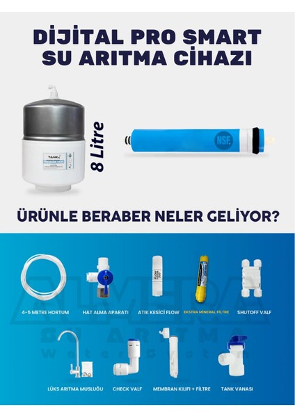 Dijital Su Arıtma Cihazı 10 Aşamalı Su Analiz Ekranlı Pro Mineralli Çelik Tanklı Su Arıtma Cihazı