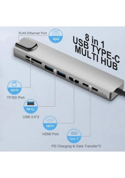 Macbook Pro Air USB Type-C Hub Dönüştürücü Çoklayıcı USB Hdmi, Tf, Sd, Pd, Ethernet Çevirici 8in1