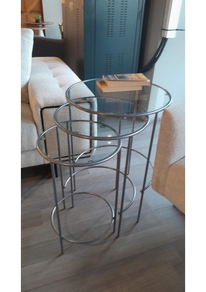 Meri Yuvarlak 3'lü Zigon Yan Sehpa Gümüş Silver