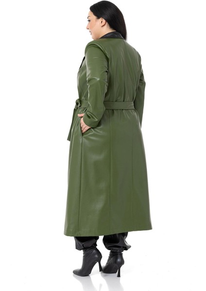 Büyük Beden Yakası Garnili Yandan Cepli Astarlı Deri Haki Uzun Kaban modelleri