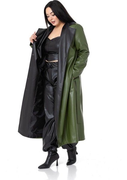 Büyük Beden Yakası Garnili Yandan Cepli Astarlı Deri Haki Uzun Kaban fırsatları