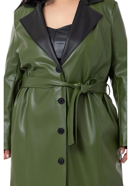 Büyük Beden Yakası Garnili Yandan Cepli Astarlı Deri Haki Uzun Kaban indirimleri