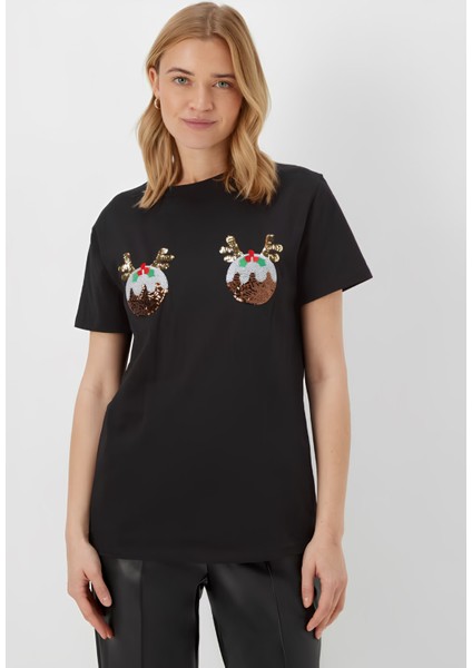 Pamuk Siyah Noel Temalı Payetli Kadın T-Shırt